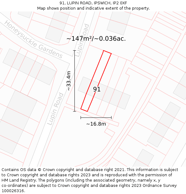 91, LUPIN ROAD, IPSWICH, IP2 0XF: Plot and title map