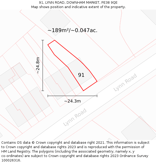 91, LYNN ROAD, DOWNHAM MARKET, PE38 9QE: Plot and title map