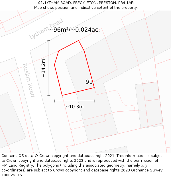 91, LYTHAM ROAD, FRECKLETON, PRESTON, PR4 1AB: Plot and title map