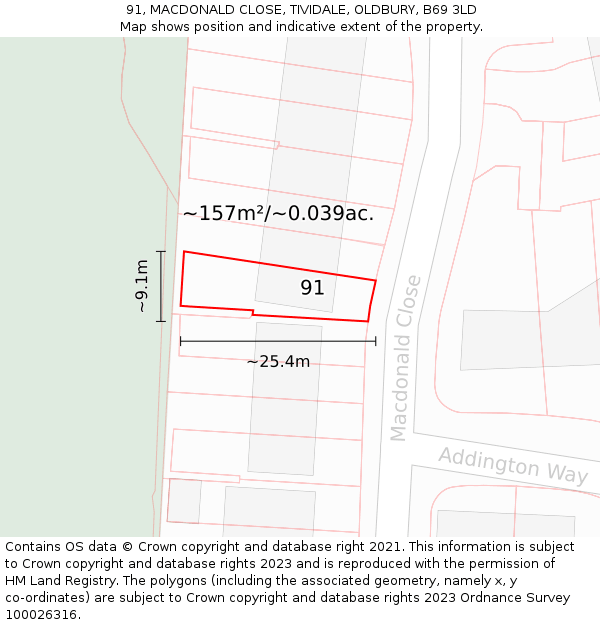 91, MACDONALD CLOSE, TIVIDALE, OLDBURY, B69 3LD: Plot and title map