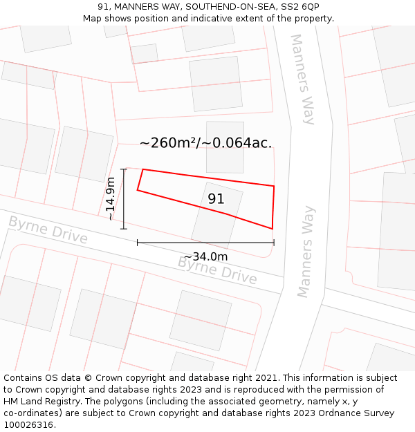 91, MANNERS WAY, SOUTHEND-ON-SEA, SS2 6QP: Plot and title map