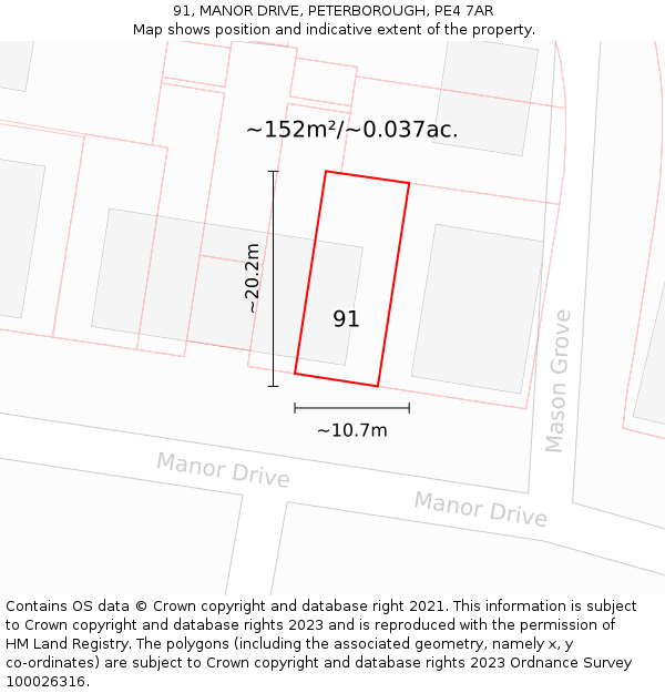 91, MANOR DRIVE, PETERBOROUGH, PE4 7AR: Plot and title map