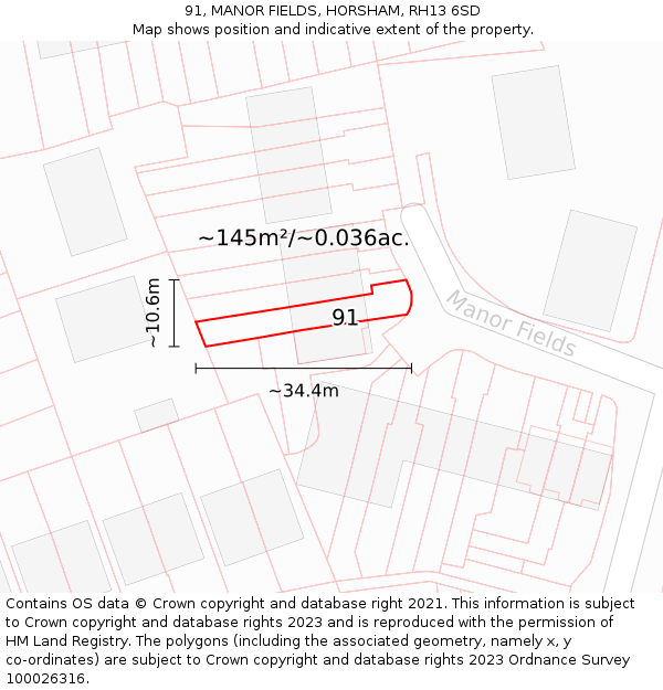 91, MANOR FIELDS, HORSHAM, RH13 6SD: Plot and title map