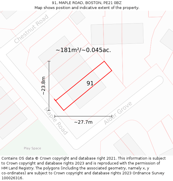 91, MAPLE ROAD, BOSTON, PE21 0BZ: Plot and title map