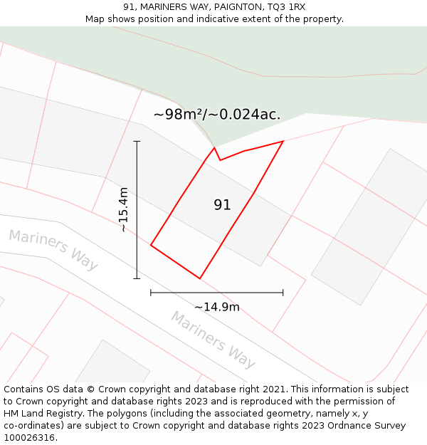 91, MARINERS WAY, PAIGNTON, TQ3 1RX: Plot and title map