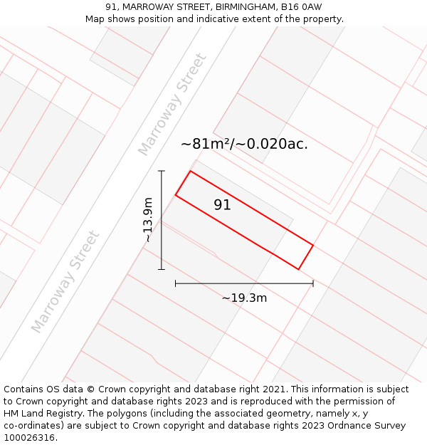 91, MARROWAY STREET, BIRMINGHAM, B16 0AW: Plot and title map