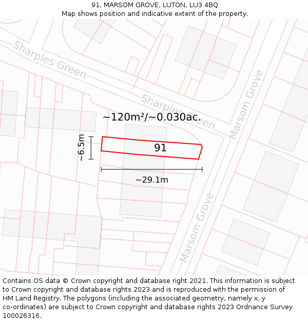 91, MARSOM GROVE, LUTON, LU3 4BQ: Plot and title map
