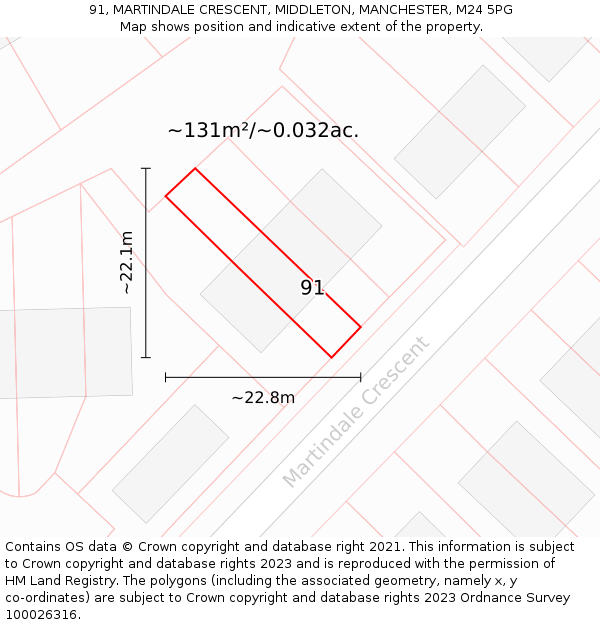 91, MARTINDALE CRESCENT, MIDDLETON, MANCHESTER, M24 5PG: Plot and title map