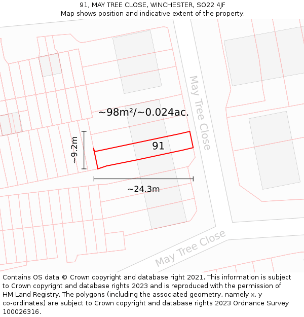 91, MAY TREE CLOSE, WINCHESTER, SO22 4JF: Plot and title map