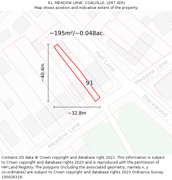 91, MEADOW LANE, COALVILLE, LE67 4DN: Plot and title map