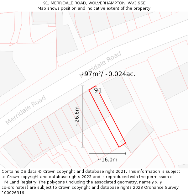 91, MERRIDALE ROAD, WOLVERHAMPTON, WV3 9SE: Plot and title map
