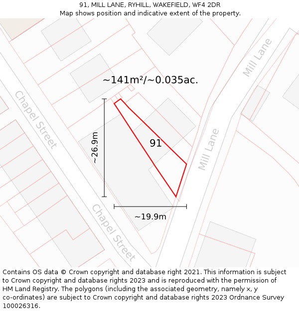91, MILL LANE, RYHILL, WAKEFIELD, WF4 2DR: Plot and title map