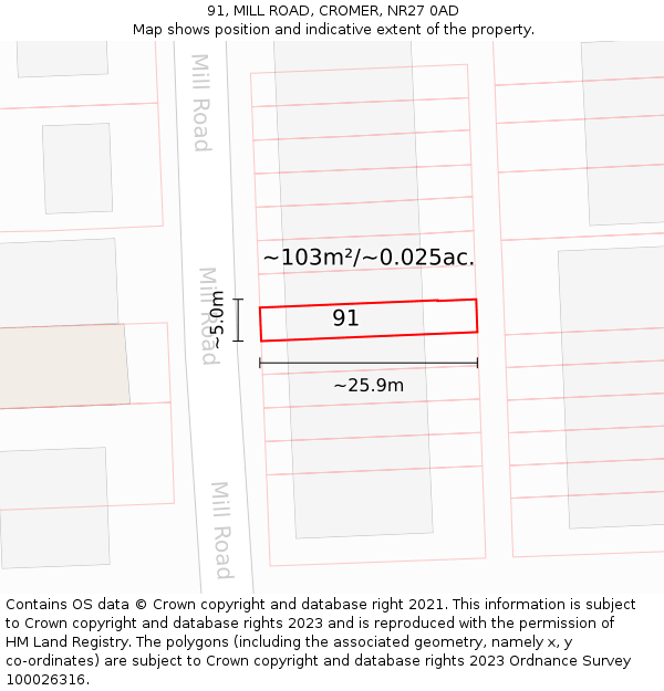 91, MILL ROAD, CROMER, NR27 0AD: Plot and title map