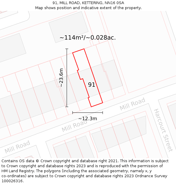 91, MILL ROAD, KETTERING, NN16 0SA: Plot and title map