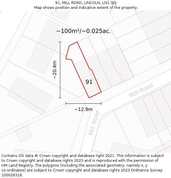 91, MILL ROAD, LINCOLN, LN1 3JQ: Plot and title map