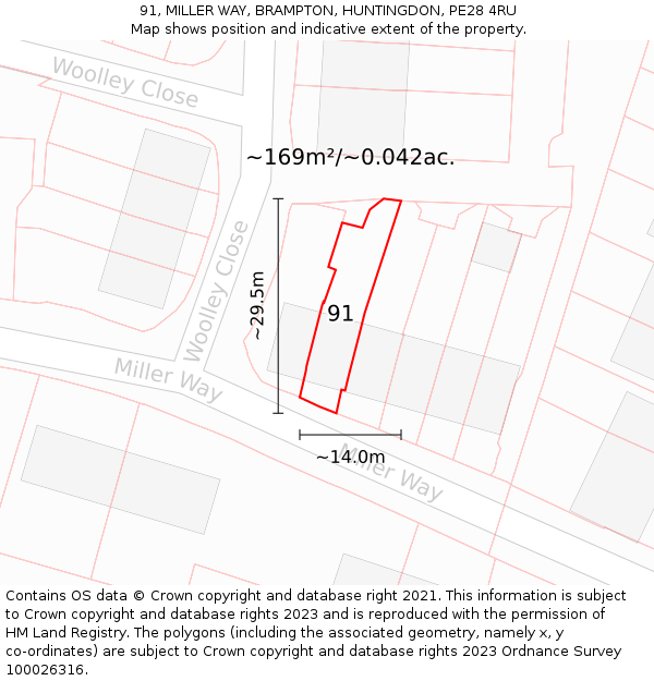 91, MILLER WAY, BRAMPTON, HUNTINGDON, PE28 4RU: Plot and title map