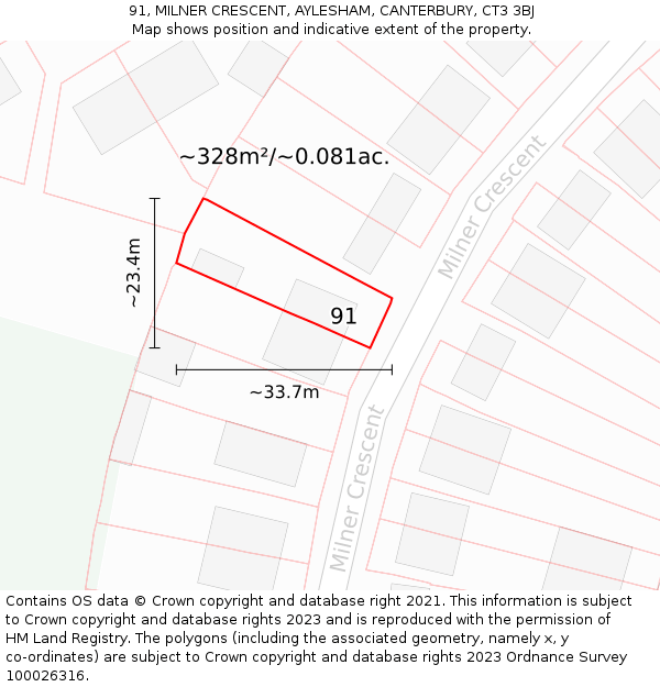 91, MILNER CRESCENT, AYLESHAM, CANTERBURY, CT3 3BJ: Plot and title map