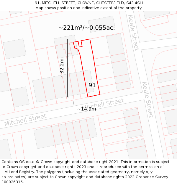 91, MITCHELL STREET, CLOWNE, CHESTERFIELD, S43 4SH: Plot and title map