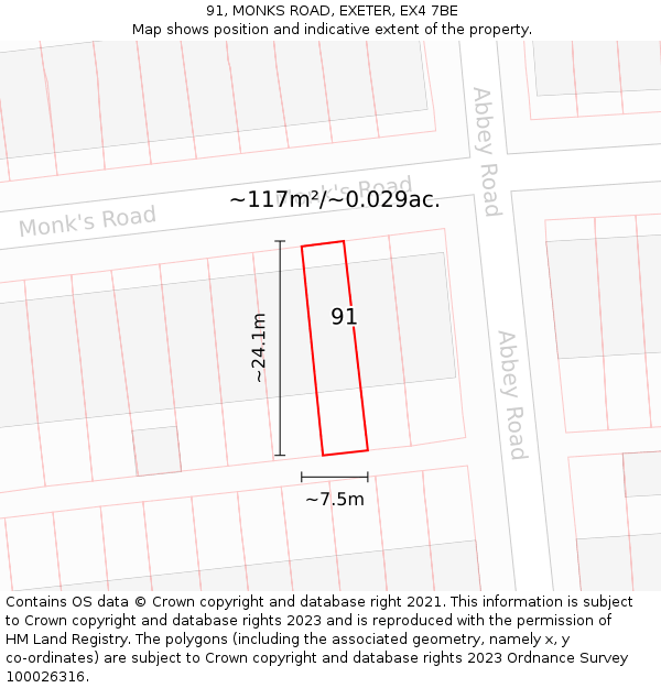 91, MONKS ROAD, EXETER, EX4 7BE: Plot and title map