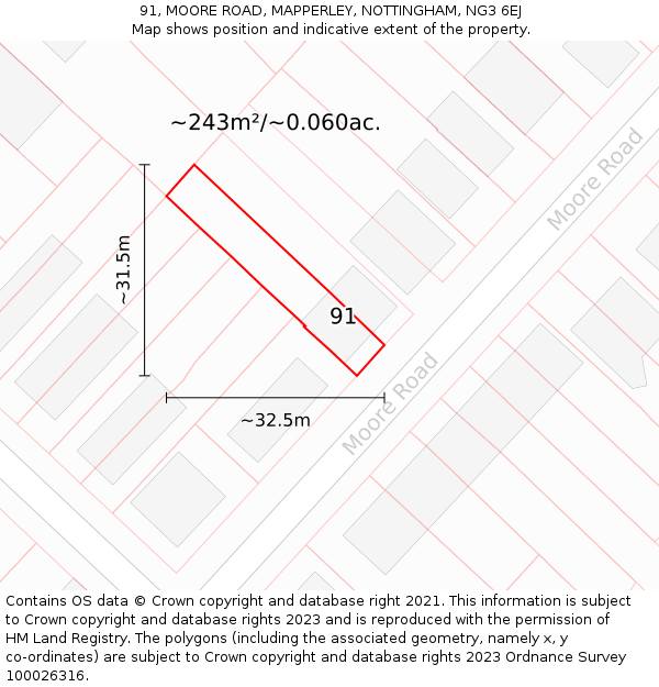 91, MOORE ROAD, MAPPERLEY, NOTTINGHAM, NG3 6EJ: Plot and title map