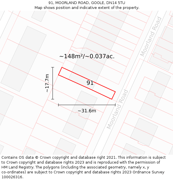 91, MOORLAND ROAD, GOOLE, DN14 5TU: Plot and title map