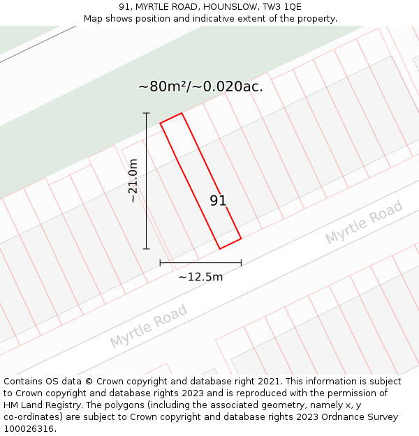 91, MYRTLE ROAD, HOUNSLOW, TW3 1QE: Plot and title map