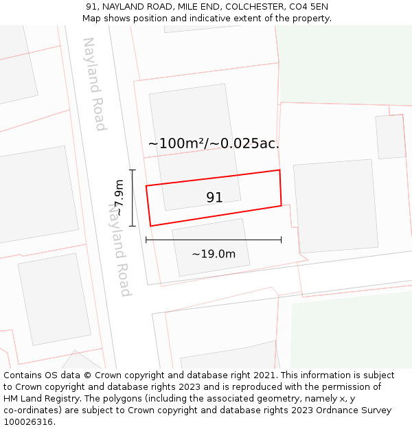 91, NAYLAND ROAD, MILE END, COLCHESTER, CO4 5EN: Plot and title map