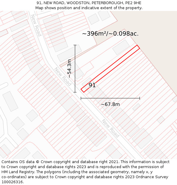 91, NEW ROAD, WOODSTON, PETERBOROUGH, PE2 9HE: Plot and title map