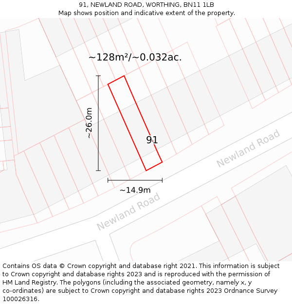 91, NEWLAND ROAD, WORTHING, BN11 1LB: Plot and title map