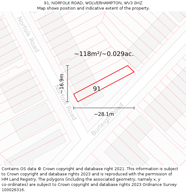 91, NORFOLK ROAD, WOLVERHAMPTON, WV3 0HZ: Plot and title map