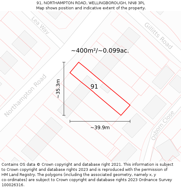 91, NORTHAMPTON ROAD, WELLINGBOROUGH, NN8 3PL: Plot and title map