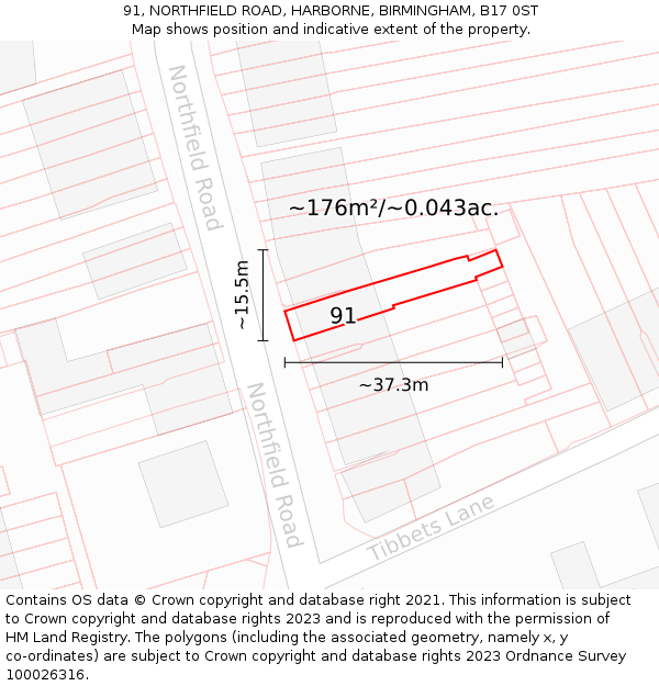 91, NORTHFIELD ROAD, HARBORNE, BIRMINGHAM, B17 0ST: Plot and title map