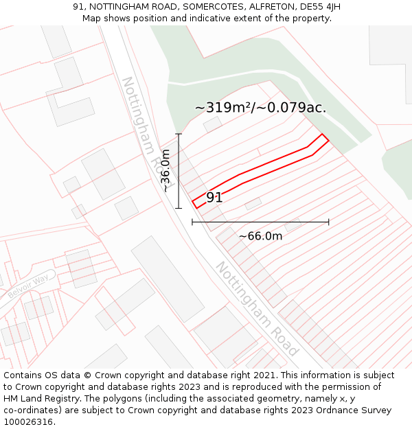 91, NOTTINGHAM ROAD, SOMERCOTES, ALFRETON, DE55 4JH: Plot and title map