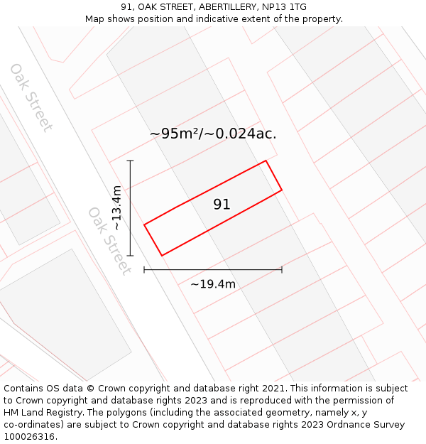 91, OAK STREET, ABERTILLERY, NP13 1TG: Plot and title map