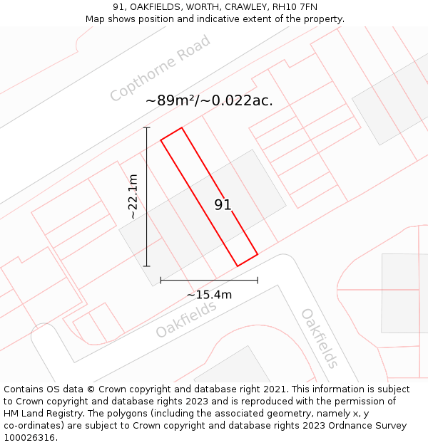 91, OAKFIELDS, WORTH, CRAWLEY, RH10 7FN: Plot and title map
