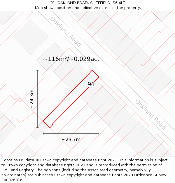91, OAKLAND ROAD, SHEFFIELD, S6 4LT: Plot and title map