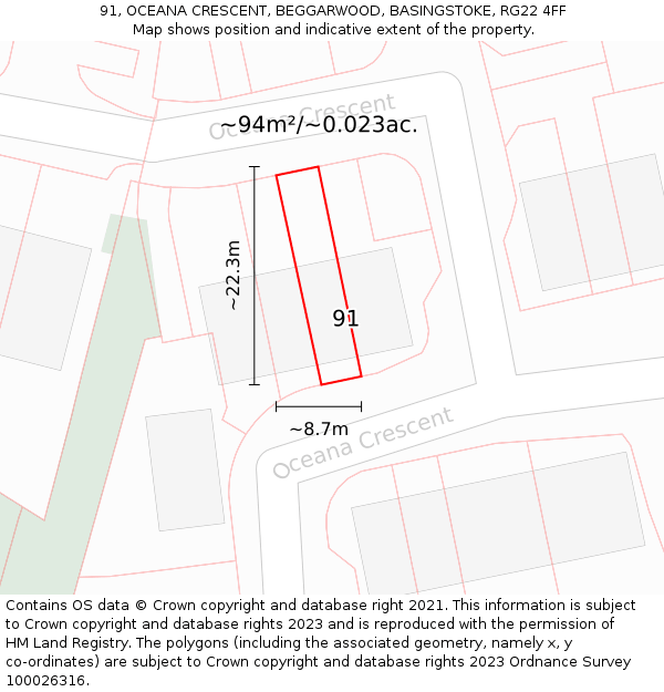 91, OCEANA CRESCENT, BEGGARWOOD, BASINGSTOKE, RG22 4FF: Plot and title map