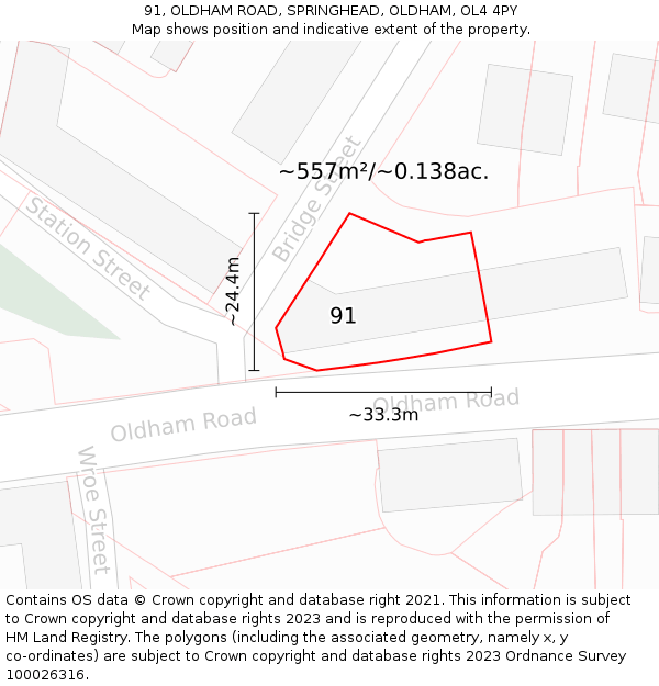 91, OLDHAM ROAD, SPRINGHEAD, OLDHAM, OL4 4PY: Plot and title map