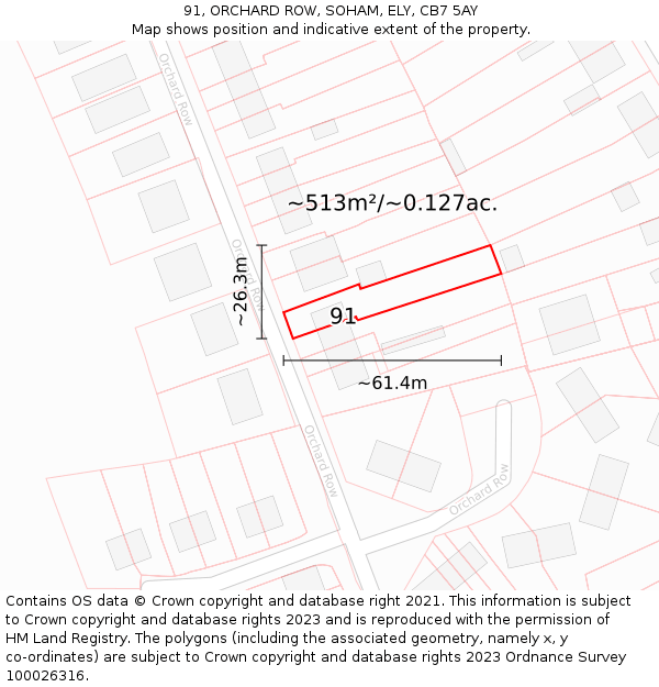 91, ORCHARD ROW, SOHAM, ELY, CB7 5AY: Plot and title map