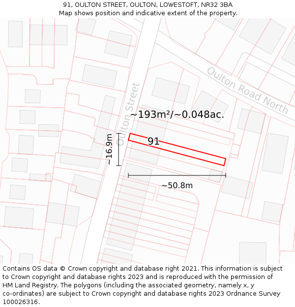 91, OULTON STREET, OULTON, LOWESTOFT, NR32 3BA: Plot and title map