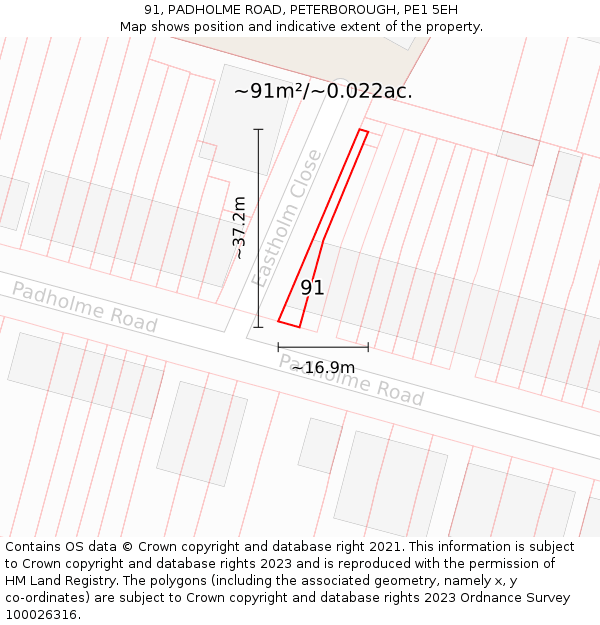 91, PADHOLME ROAD, PETERBOROUGH, PE1 5EH: Plot and title map