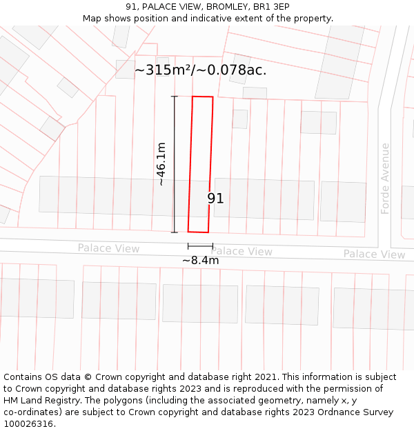 91, PALACE VIEW, BROMLEY, BR1 3EP: Plot and title map