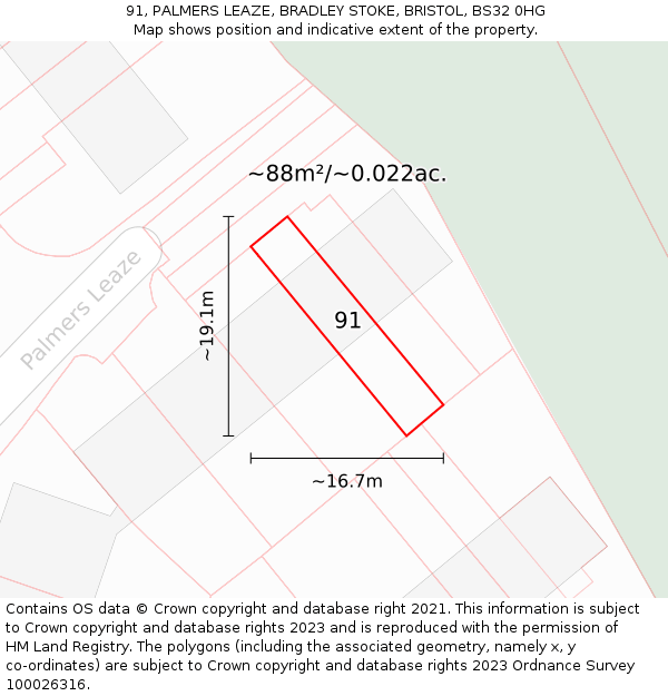 91, PALMERS LEAZE, BRADLEY STOKE, BRISTOL, BS32 0HG: Plot and title map