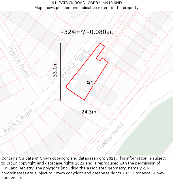 91, PATRICK ROAD, CORBY, NN18 9ND: Plot and title map