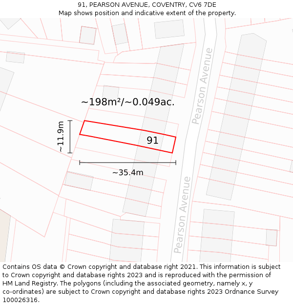 91, PEARSON AVENUE, COVENTRY, CV6 7DE: Plot and title map