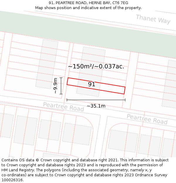 91, PEARTREE ROAD, HERNE BAY, CT6 7EG: Plot and title map