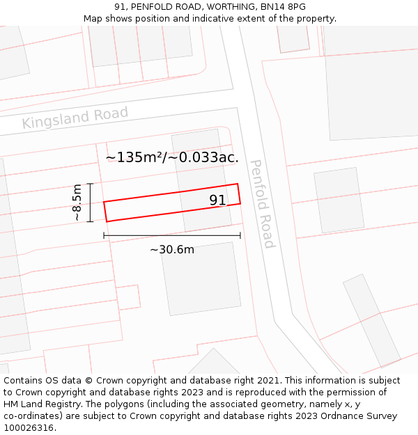 91, PENFOLD ROAD, WORTHING, BN14 8PG: Plot and title map