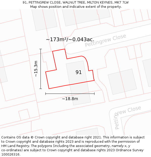 91, PETTINGREW CLOSE, WALNUT TREE, MILTON KEYNES, MK7 7LW: Plot and title map