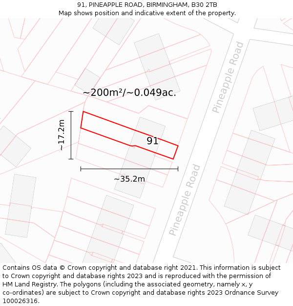 91, PINEAPPLE ROAD, BIRMINGHAM, B30 2TB: Plot and title map