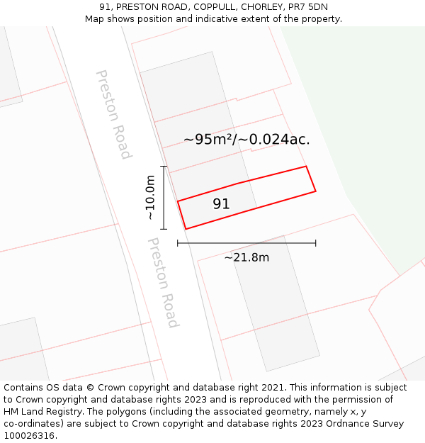 91, PRESTON ROAD, COPPULL, CHORLEY, PR7 5DN: Plot and title map